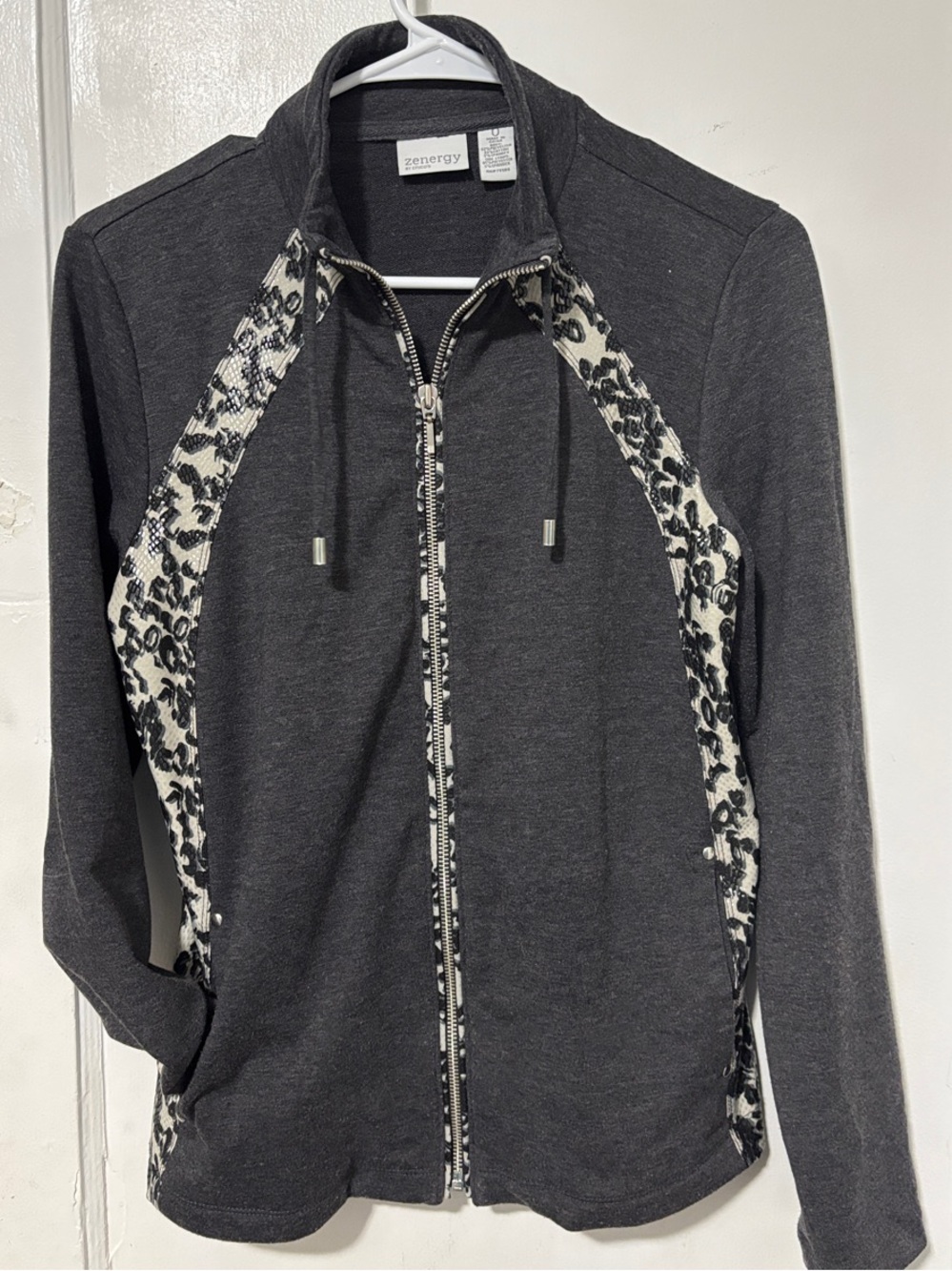 Zenergy Women's Charcoal Zip-Front Bomber Jacket with Ivory Leopard Trim